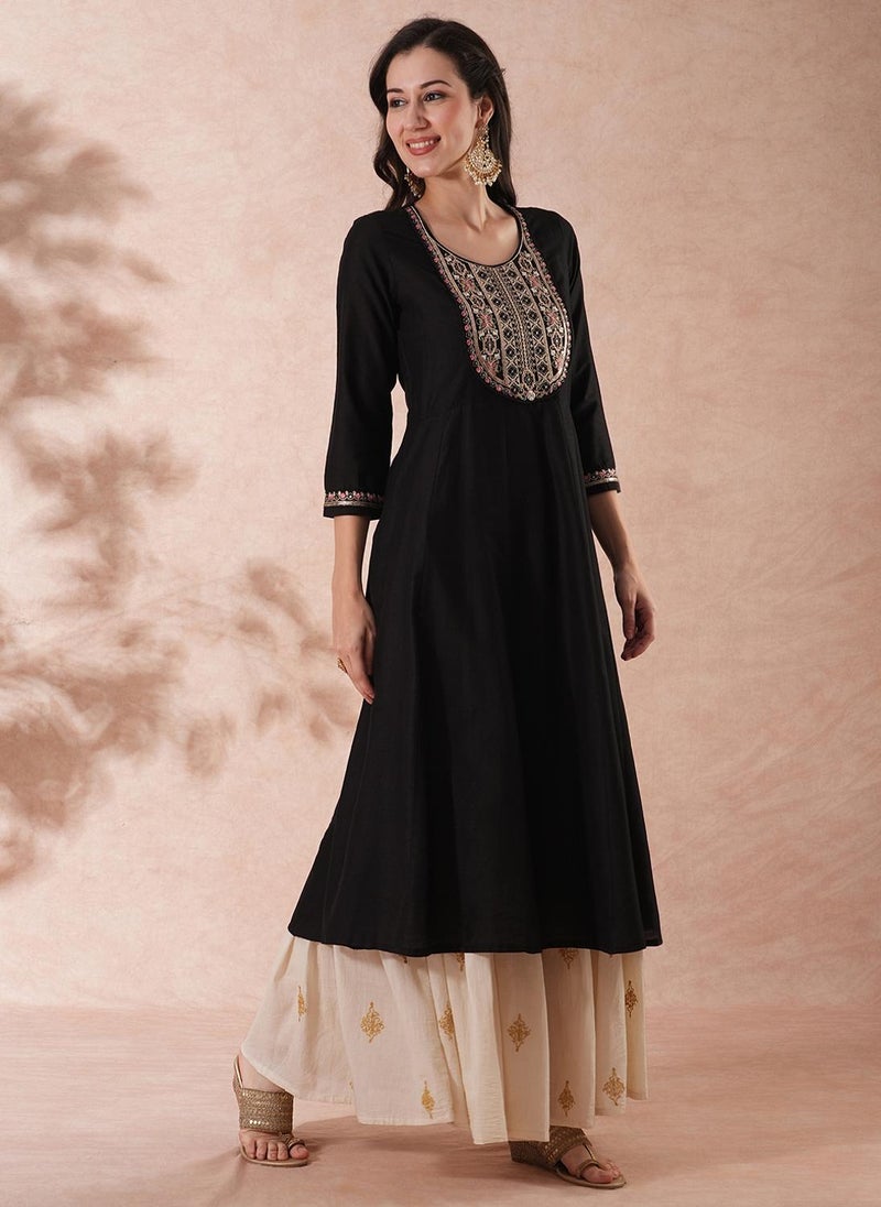 Globus Women Black Floral Yoke Design Zari & Sequinned Round Neck Anarkali Festive Kurta - Image 3